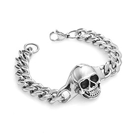 Caiyao Punk Stainless Steel Skull Skeleton Linked Chain Bracelet Tibetan Prayer Bead Mala Bracelet for Men and Women, Skull Jewelry Gift