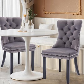 YICORPS Velvet Dining Chairs Set of 2 Upholstered Tufted Dining Room Chair Kitchen Side Chairs with Nailhead Trim and Wood Legs for Dining Room,Restaurant(Grey)