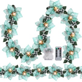 Zubebe 2 Pcs Prelit Poinsettia Christmas Garland with String Lights Glitter Holly Leaves Berries Remote Timer 8 Modes 6.5 ft Lighted Flower Garland Battery Operated Indoor Outdoor Decor(Teal)
