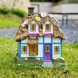 Prospect Thatched Cottage, Solar Statue Lights Mushroom Fairy House, Garden House Statues, Outdoor Memorial Ornaments Waterproof Decoration for Outside Patio Yard Lawn Decor