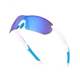 SIPHEW Non-Polarised Sunglasses Men's Sports Glasses with Extended Frame Cycling Glasses for Cycling Driving Fishing UV400 Protection Glasses, White Frame - Blue Mirrored Lenses
