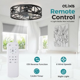 OLIXIS Ceiling Fans with Remote, Farmhouse Ceiling Fan, 19 Inch Low Profile Caged Fandelier, Flush Mount with 6 Wind Speeds, for Bedroom, Kitchen, Living Room, Bulbs Not Included, Black