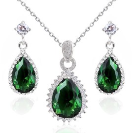 Crystalline Azuria Teardrops Green Simulated Emerald Zirconia Crystals Set Pendant Necklace 18 inches Earrings 18K White Gold Plated for Women