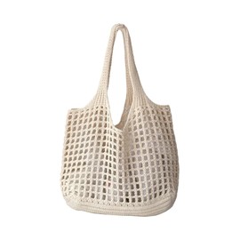 SOLY HUX Women's Crochet Hollow Out Tote Bag Large Capacity Shopping Bag Woven Lightweight Bag Beige Small