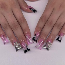 FIEONCIY Press on Nails Duck Shape Glossy Full Cover Medium Acrylic French False Nails with Designs Artificial Duck Fake Nails with Charms Glue ons Nails Stick on Fingernails for Women(A30405)
