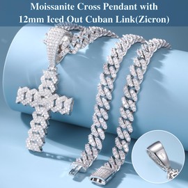 Ucciyo Silver Moissanite Cross Necklace for Men 8MM Iced Out Cuban Link Cross Pendant 925 Sterling Silver Cross Chain Necklace 2.7 Carat D Color VVS1 Diamond 18k Gold Plated Christian Pendant