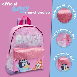 Bluey Kids Backpack Preschool Childrens Bag Girls Nursery Rucksack With Glittery Front Pocket - Pink