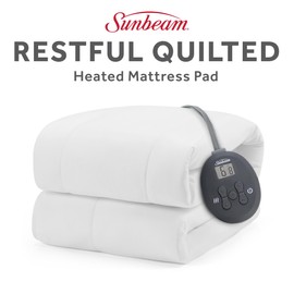Sunbeam Electric Restful Quilted Heated Mattress Pad Twin 75" x 39" 12 Heat Settings 12-Hour Auto Shut-Off Extra-Cozy Fabric Deep Pocket Fit Machine Washable