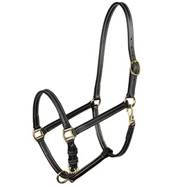 HORZE Fremont Soft Synthetic Leather Horse Halter | Fully Adjustable with Brass Hardware & Contrast Stitching - Black - Shetland