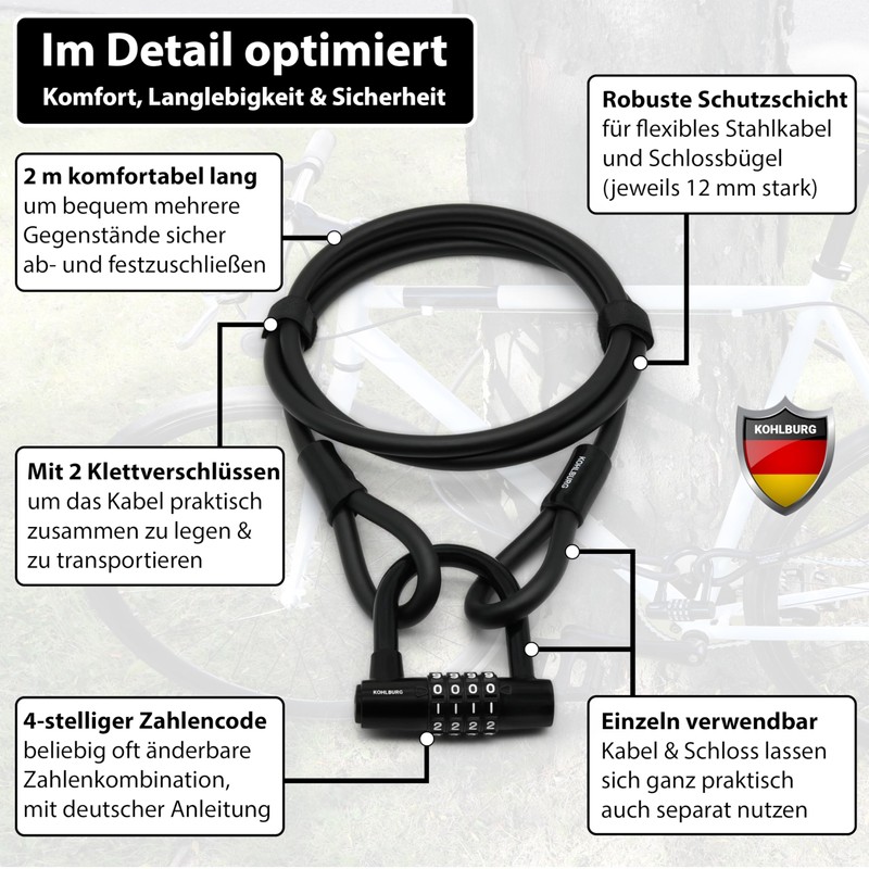 KOHLBURG Cable Lock 2 Metres Long with Combination – 200