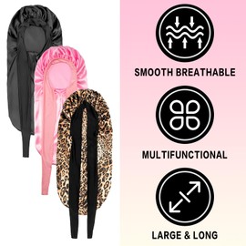 3Pcs Bonnets for Black Women Braid Bonnet, Large Long Satin Bonnet for Braids Sleeping, Black Women Satin Silk Bonnet with Stretchy Tie Band Sleep Bonnet Cap for Hair (3Pcs-Black & Pink & Leopard)