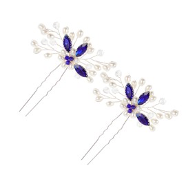 Mikinona 2pcs U Shaped Blue Rhinestone Hairpins Elegant Bridal Hair Accessories Lightweight Chic Design for Weddings Banquets Parties Pearl Detailing