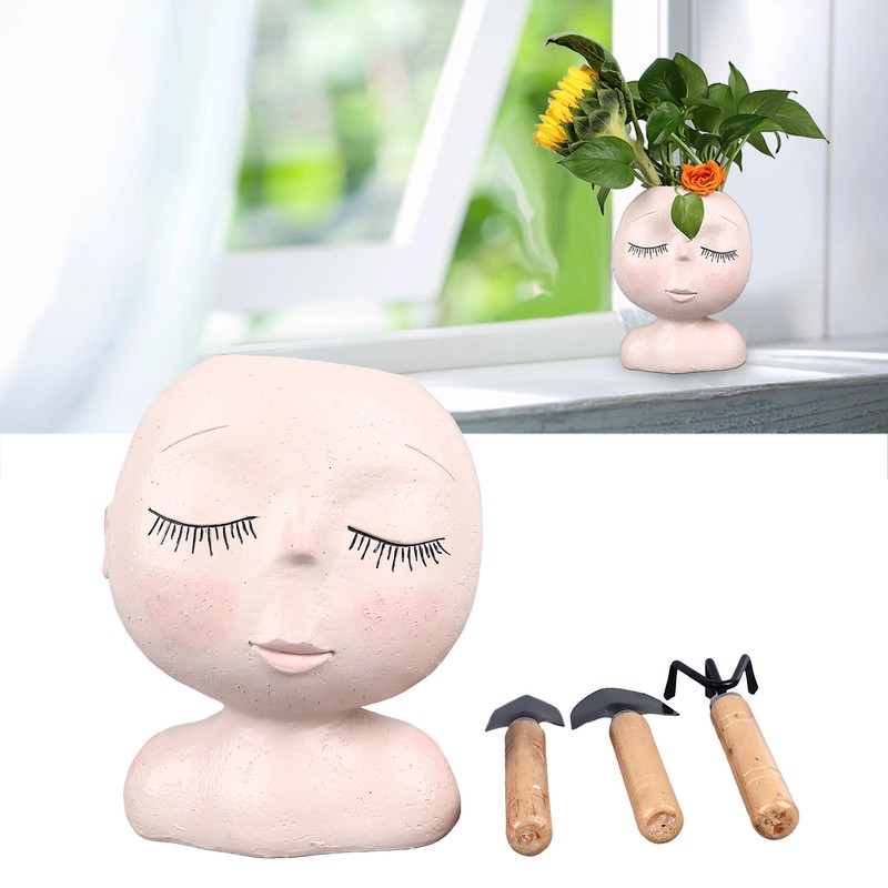 Face Flower Pot with 3 Shovels Drainage Hole Design Resin