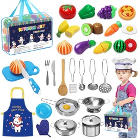 UCAMP Children's Kitchen Accessories, 32 Pieces, Children's Kitchen Play Kitchen Accessories, Food Stainless Steel Cooking Set, Children's Toy, Pots, Doll's Kitchen Accessories, Wooden Kitchen Toy for