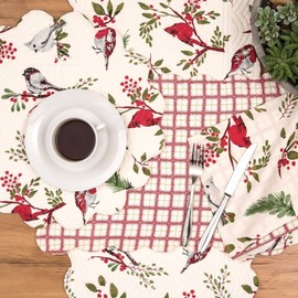 C&F Home 13" x 19" Christmas Sprig Cardinal & Chickadee Birds Reversible Rectangle Single Cotton Quilted Placemat XMAS Festive Winter Holidays Machine Washable Scallop Edge Dining Dinner Kitchen Table