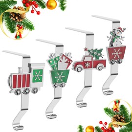 EBANKU 4Pieces Stocking Holder Set Christmas Train Stocking Hanger for Mantel Shiny Silver Metal Christmas Stocking Holder for Fireplace Mantle Holder for Mantle with Hook
