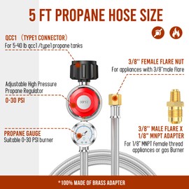 5FT 0-30 PSI Adjustable High Pressure Propane Regulator with Gauge 0~30PSI Gas Flow Indicator Stainless Propane QCC1 Hose with 3/8 Flare x 1/8 MNPT Fits for LP Gas Cooker, Burner, Turkey Fryer, Smoker
