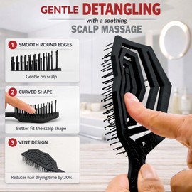 Fiora Naturals Hair Detangling Brush for Women - Detangler Hair Brush w/Flexible Soft Bristles- Gently Glides Through Tangles - Curly, Fine, Dry and Shower Wet HairBrush, cepillo para cabello - Black