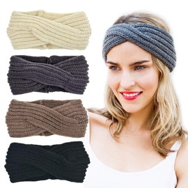 DRESHOW 4 Pack Crochet Knit Turban Headband Warm Bulky Crocheted Head Wrap Headband Ear Warmer for Women