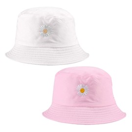 SUNTRADE Unisex Bucket Hat Double Sided Embroidered Summer Travel Beach Sun Visor Outdoor Packable Cap, pink/white