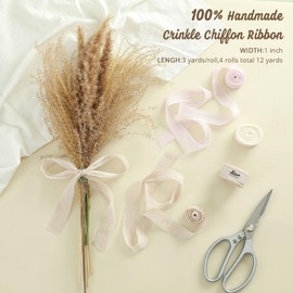 Pretty Jolly Pink Set Silk Chiffon Wedding Ribbon 1 Inch x 12 Yards, 4 Rolls, Handmade Crinkle Chiffon Ribbon for Bouquets, Invitations, Decor