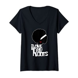 Womens Pretty African American Black Afro Queen Girl Curly Hair V-Neck T-Shirt