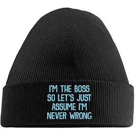 Hippowarehouse I'm The Boss so Let's Just Assume I'm Never Wrong Embroidered Beanie Hat Black with Baby Blue Stitch