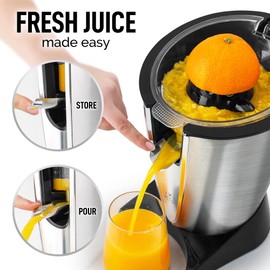 Zulay Electric Citrus Juicer - Makes Fresh Orange, Lemon, Grapefuit, Lime - Stainless Steel, 160W Quiet Powerful Motor, Interchangeable Cones - Filters Out Seeds & Pulp - Dishwasher-Safe Parts - Black