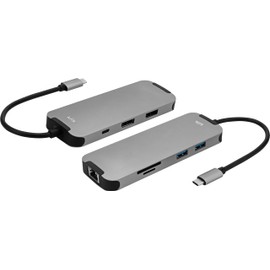Klik USB-C Multi-Port Hub, Dual DisplayPort, RJ45 LAN, SD Card Reader, 2X USB 3.0, Grey
