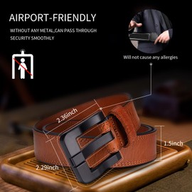 MACBORO Full Grain Leather Belts for Men Non Metal Nickel Free Tsa Approved Hypoallergenic Belt with Plastic Buckle 38mm Wide