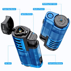 Cigar Lighter Torch Lighter Butane Refillable Triple Jet Flame Torch Lighters, Windproof Adjustable Flame Butane Torch Lighter with Cigar Punch 2 Pack (Without Fuel) (Blue Black)