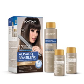 Kativa Kit de Alisado Brasileño para Cabello Castaño, 12 Semanas de Alisado Profesional para Uso Doméstico, con Aceite de Coco Orgánico de Acai y Queratina, para un Cabello Oscuro Más Liso, Su, Kativa