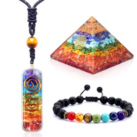 Healing Crystals for Meditation & Chakra Harmony - Spiritual Gifts, Crystal Necklace, Spirit Box - Enhance Your Spiritual Journey (Orgone Pyramid, Chakra Necklace, Charcoal Bracelet)