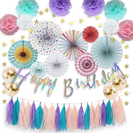 Hanakaze Birthday Decoration Set, Luxurious, 70 Pieces, Gorgeous and Stylish, Paper Fan, Paper Flower, Happy Birthday Garland, Tassel Garland, Glitter Star Garland, Snowstorm Balloons, Wedding Birthday Decoration, Boys and Girls