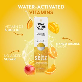 Seltz® Water-Activated Vitamins - Soak up The Sun with Vitamin D3 (5,000 IU) – Natural Mango Orange Flavor Dietary Supplement - 6 Units x 20 Effervescent Tablets Each
