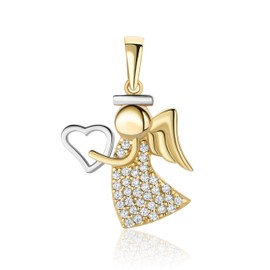 PRINS JEWELS 9 Carat 375 Bicolour Gold Protection Angel with Zirconia Stones Pendant, Gold, Cubic Zirconia