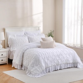 MOVE OVER White Pintuck Bedding Set 10 Pieces Bed in A Bag King Size White Pinch Pleated Comforter Set Soft Microfiber King Size Bed Set White Ruffled Fringe Design Boho Chic Farmhouse Bedding Set