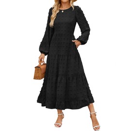 ZESICA Women's Springl Long Sleeve Maxi Dresses Casual Crew Neck Swiss Dot Tiered Flowy A Line Wedding Guest Dress,Black,Medium