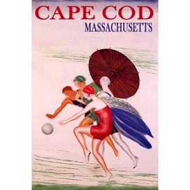 WONDERFULITEMS Cape Cod Massachusetts Summer Beach Happy Women Playing Ball Sun Umbrella USA Travel 12" x 16" Image Size Vintage Poster repro Canvas Rolled up. We Have Other Sizes