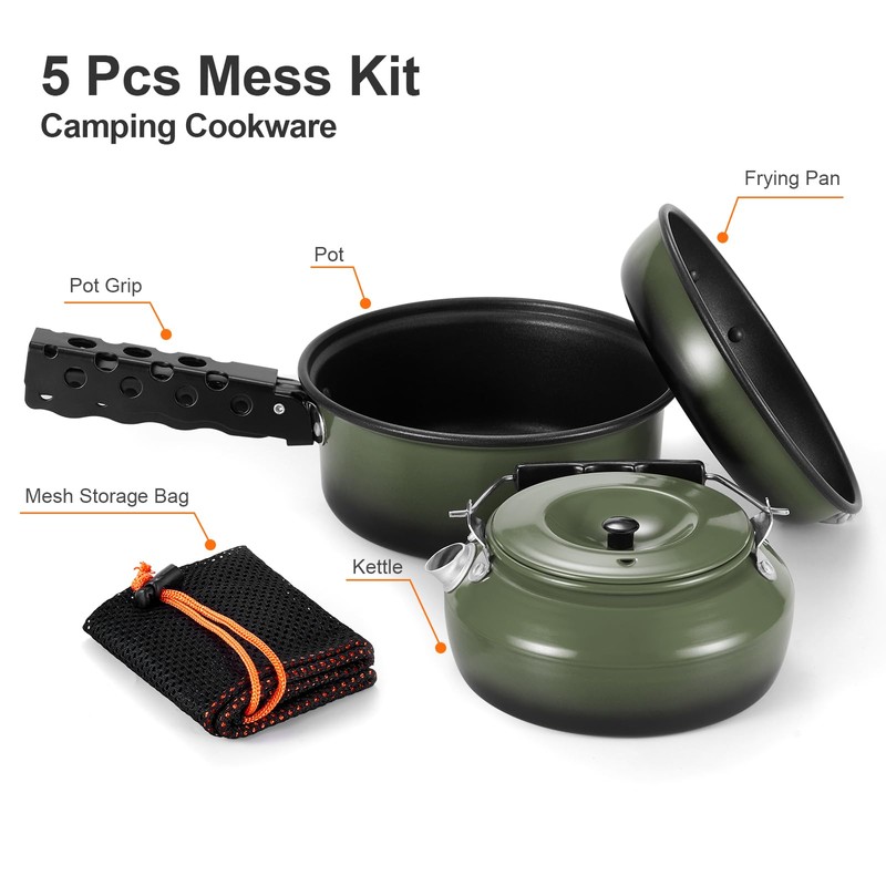 Odoland 5pcs Camping Cookware Mess Kit, Non-Stick Lightweight Pot Pan
