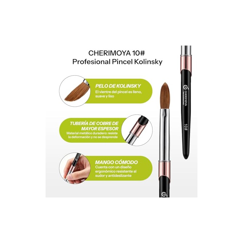 CHERIMOYA Pincel Kolinsky #10 Profesional para Uñas Acrílicas