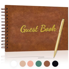WEMATE Wedding Guest Book, Leather Weddings Receptions,Suitable for Baby Showers,Birthday and Special Events,Polaroid Guest Book with A Pen,136 Blank&Lined Pages for Sign in and Photos 7"x10″ (Brown)