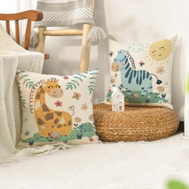 Artoid Mode Wildtiere Giraffe Elefant Zebra Löwe Dschungel Kinder Kissenbezüge 4er Set, 45x45 cm Zierkissenbezug Cushion Cover Couch Wohnzimmer Deko