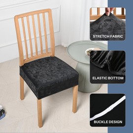 SearchI Waterproof PU Seat Covers for Dining Chairs Set of 4, Washable Stretch Dining Chair Seat Covers, Dining Room Chair Covers Protector (Rear-Covered, Printed PU Black)