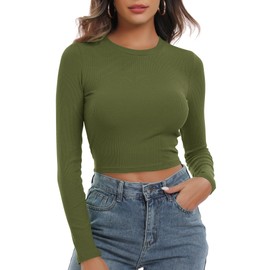Artfish Women's Round Neck Long Sleeve Knit Ribbed Fitted Crop Top Casual Basic Shirts Olive Green, L