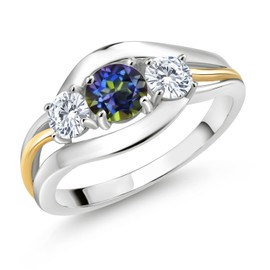 Gem Stone King 925 Sterling Silver and 10K Yellow Gold Round Blue Mystic Topaz and White Moissanite 3 Stone Ring For Women (0.96 Cttw, Available In Size 5, 6, 7, 8, 9)