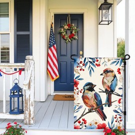 RABUSOFA Patriotic 4th of July Garden Flag 12x18 Inch Double Sided Outside, Red Blue and White Birds Memorial Day Floral Welcome Daisy Yard Outdoor Decoration Small