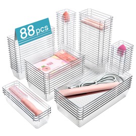 Vtopmart 88PCS Clear Plastic Drawer Organizers Set, 5-Size Versatile Bathroom Drawer Organizer Trays, Storage Bins for Makeup, Vanity, Kitchen Gadgets Utensils and Office