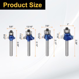 sourcing map 4pcs Roundover Router Bit Set 1/4 Inch Shank Radius in 1/4" 3/16" 5/32" 1/8" Carbide Tip 2 Flutes Corner Rounding Bearing Guide for Rounding Edge Bit CNC Woodworking Tool