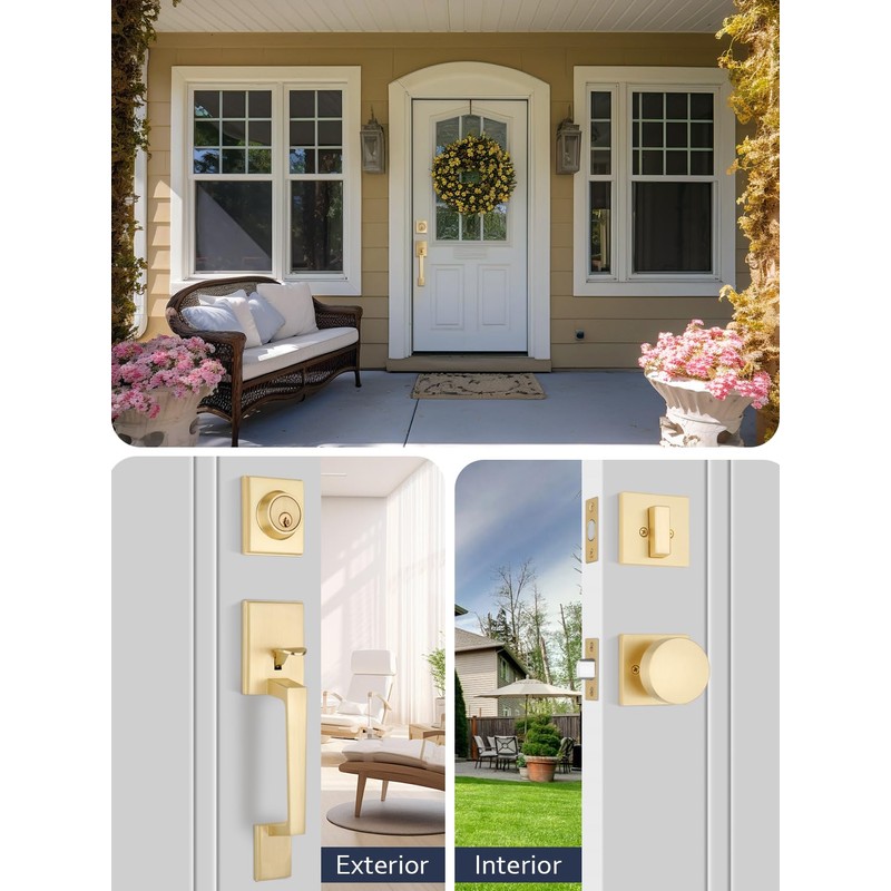 EHOMEWARE Front Door Handle with Deadbolt Set, 1 Pack Keyed